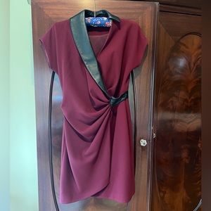Garnet and black wrap dress with leather accents